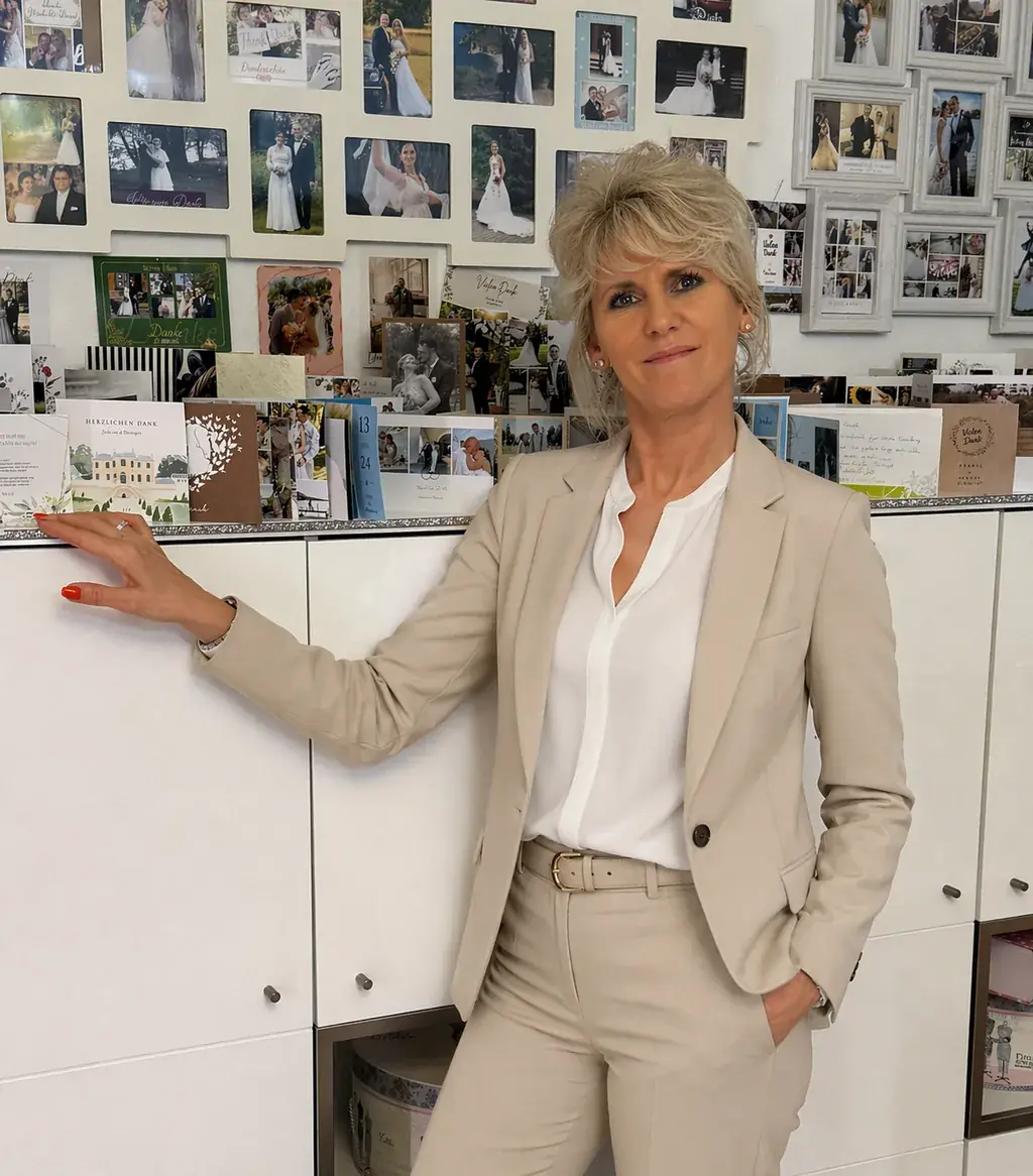 Annett Wenig-Hecht in ihrem Atelier vor einer Wand voller Hochzeitsfotos