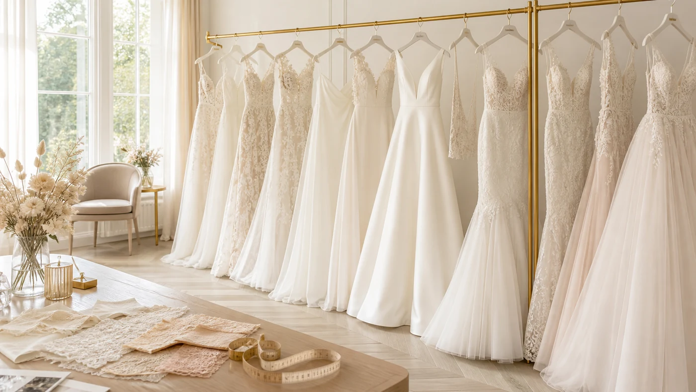 Bianco-Evento-Brautkleider auf der Kleiderstange im hellen Atelier – verschiedene Spitzen- und Tüllmodelle