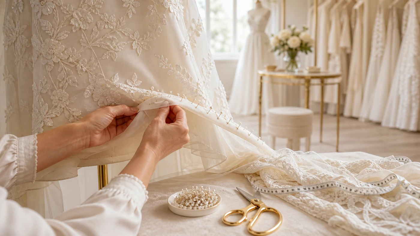 Brautkleid ändern lassen – Hände stecken Spitze an einem Brautkleid im Atelier