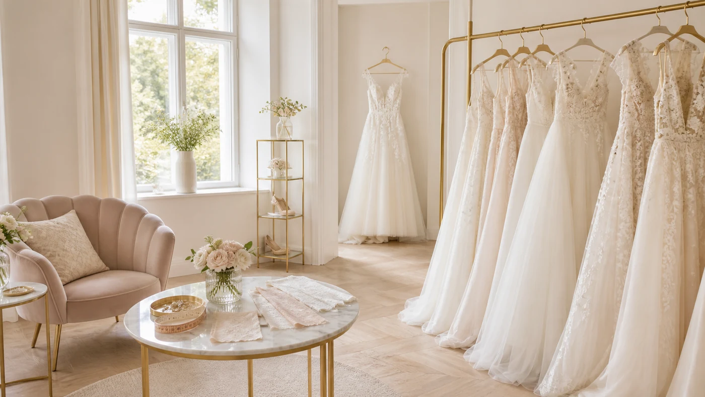 Brautkleid-Atelier nördlich von Berlin – Kleiderstange mit Brautkleidern und Sitzecke