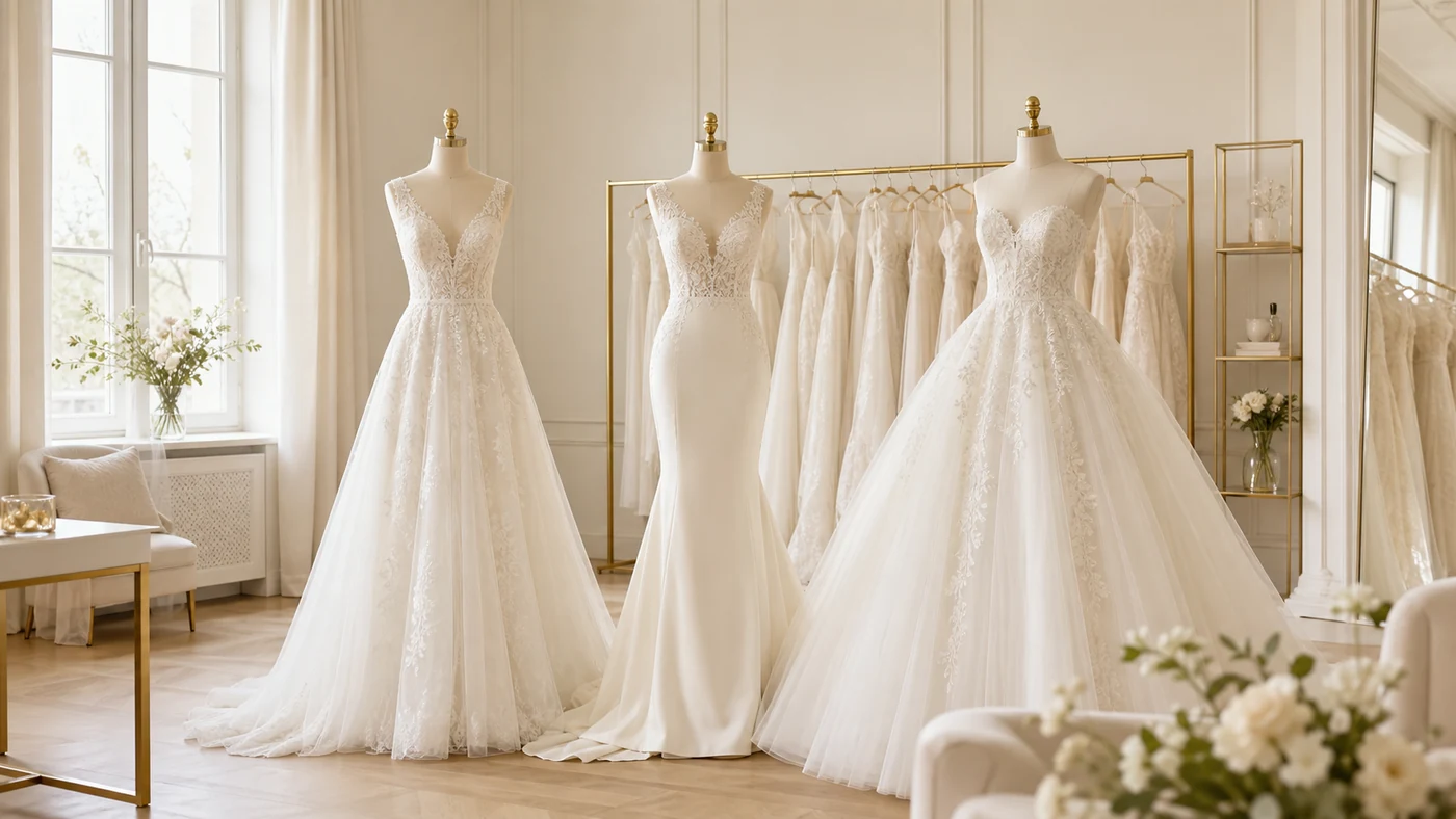 Verschiedene Brautkleid-Silhouetten auf Büsten – A-Linie und Prinzessin im Atelier