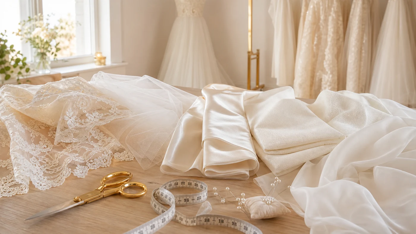 Brautkleid-Stoffe im Atelier – Spitze, Tüll und Satin mit Schere und Maßband