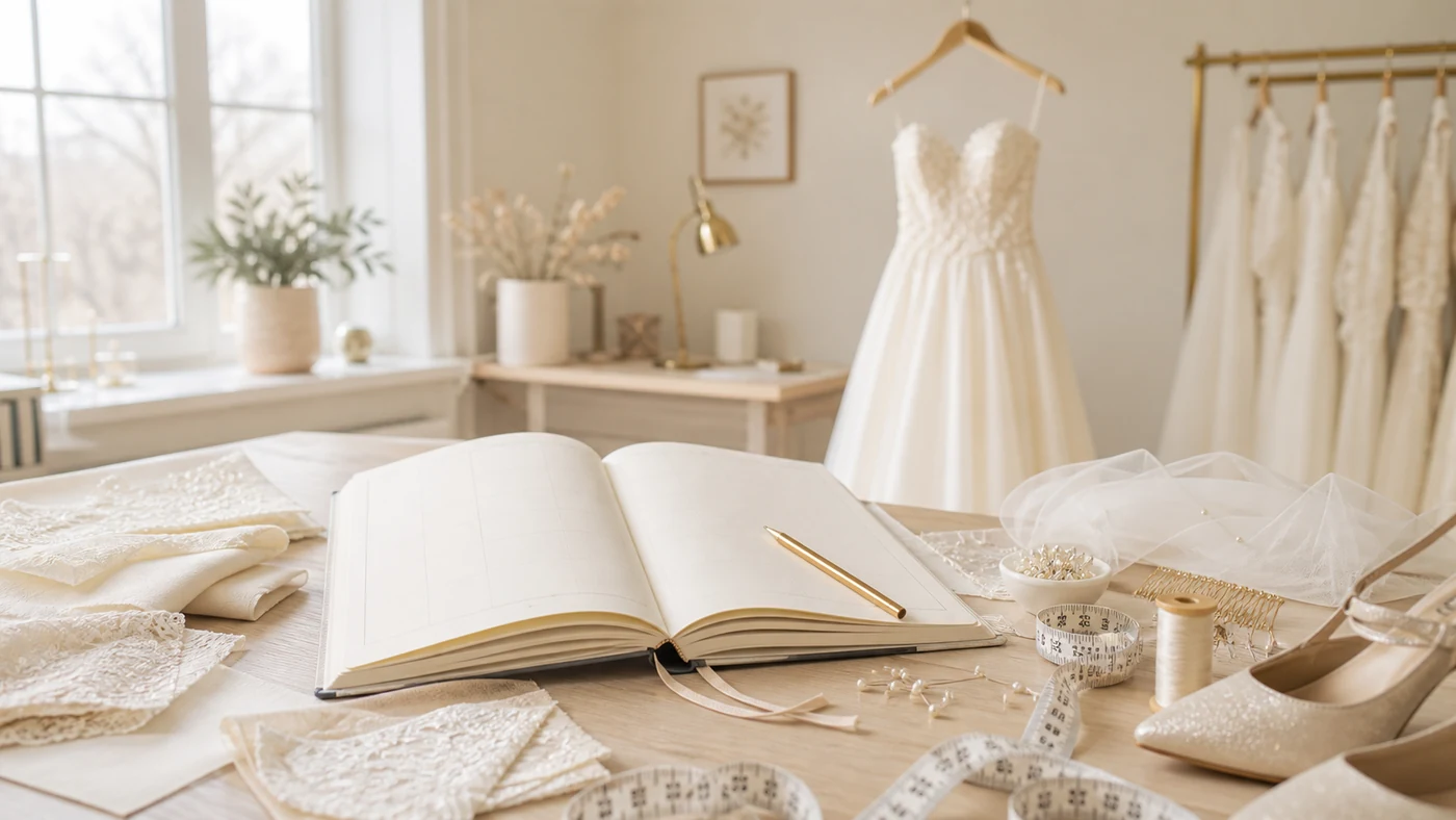 Brautkleid-Zeitplan – aufgeschlagener Planer im Atelier mit Brautkleidern im Hintergrund