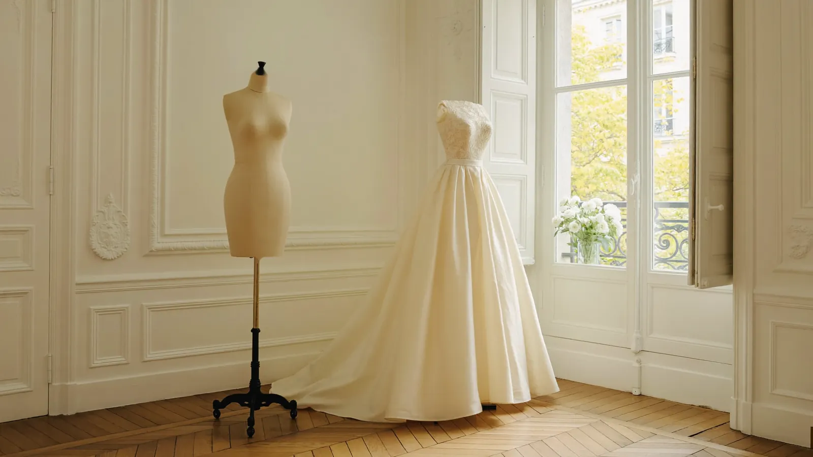 Curvy-Brautkleid mit Spitzenoberteil an der Schneiderpuppe im hellen Atelier, weiches Tageslicht