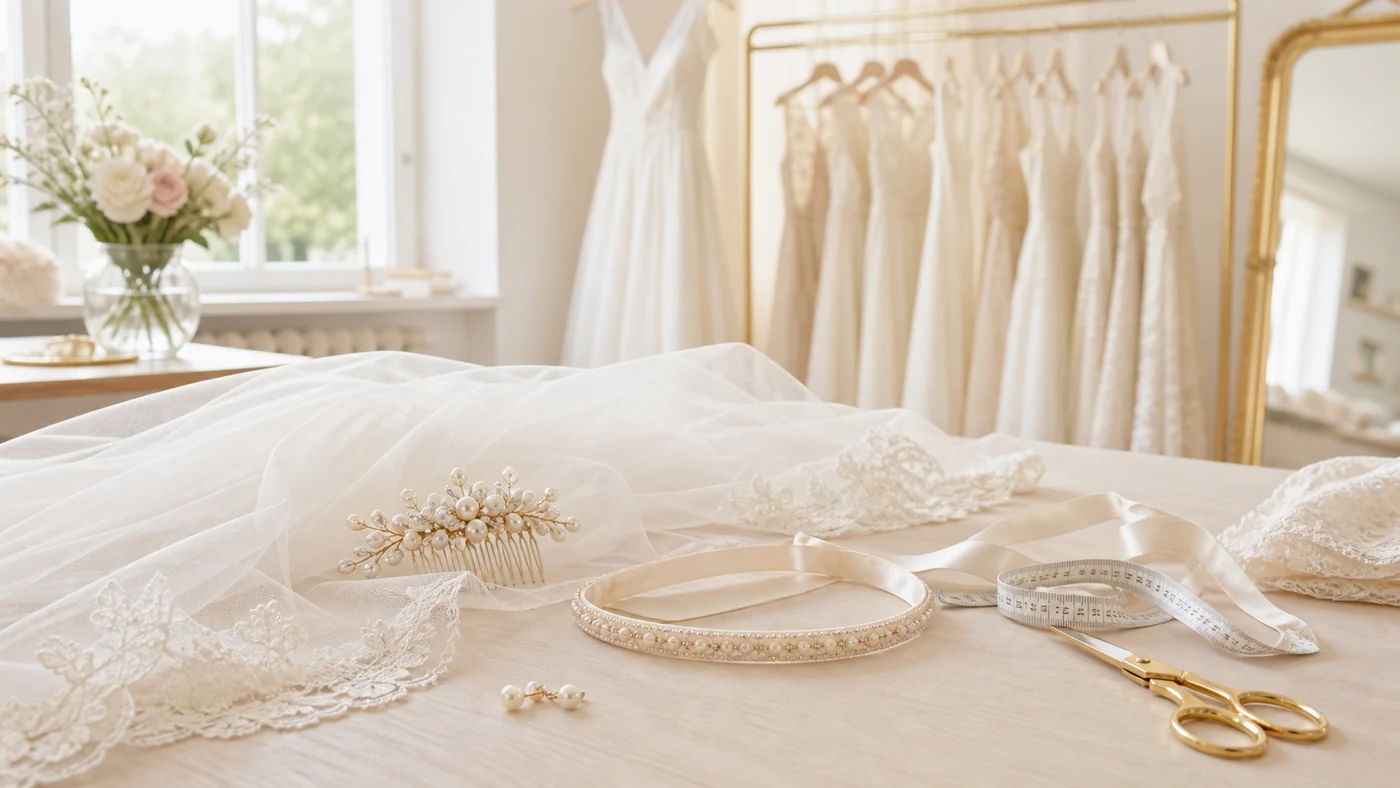 Brautschleier und Accessoires im Atelier – Schleier, Haarkamm, Perlenschmuck und Gürtel auf dem Tisch