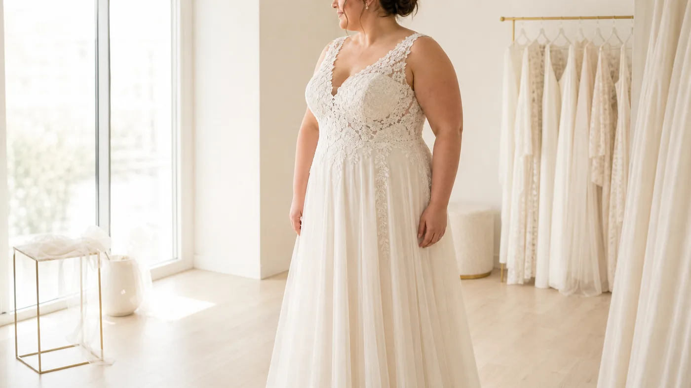 Annett im Atelier bei der Plus-Size-Anprobe — Bianco-Evento-Kleid mit Spitze