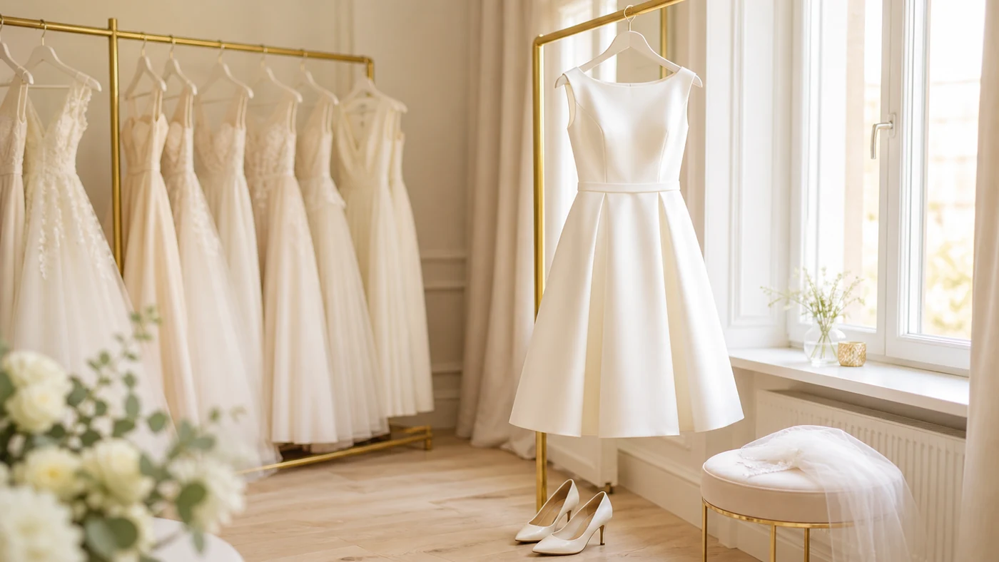 Schlichtes Standesamt-Brautkleid an der Kleiderstange im hellen Atelier