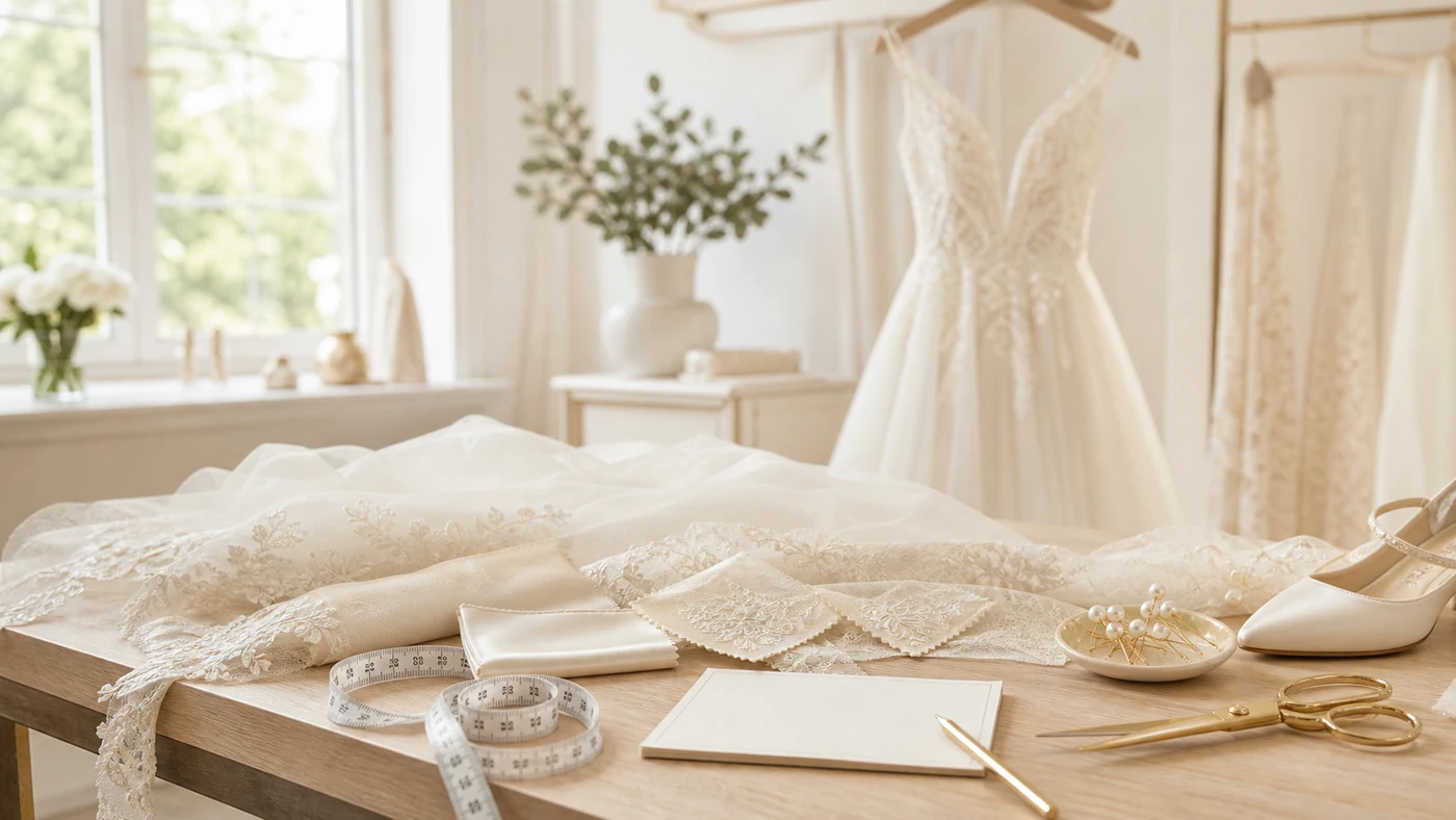Brautkleid-Anpassung und Kalkulation – Maßband, Notizbuch und Spitze auf dem Atelier-Tisch